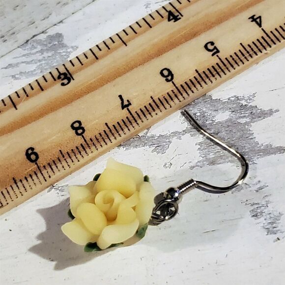 Hand Crafted Fimo Polymer Clay Yellow Rose Flower Bead Dangle Earrings - Picture 5 of 5